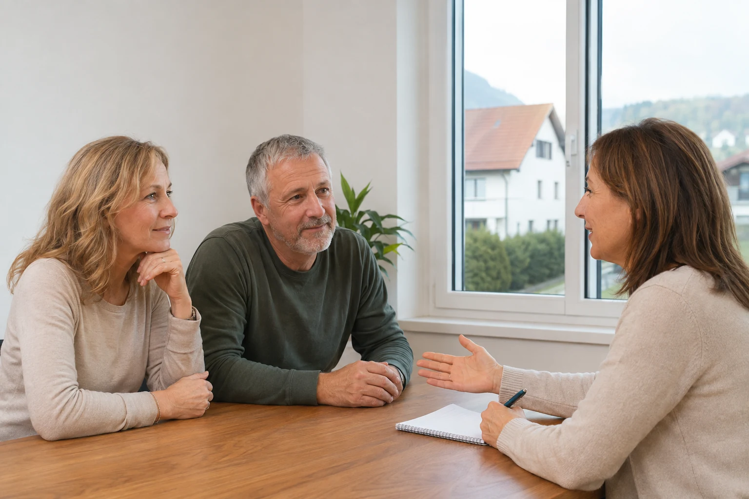 Berufserfahrene Frau und Mann im Gespräch über eine mögliche Mitarbeit im Immobilienverkauf