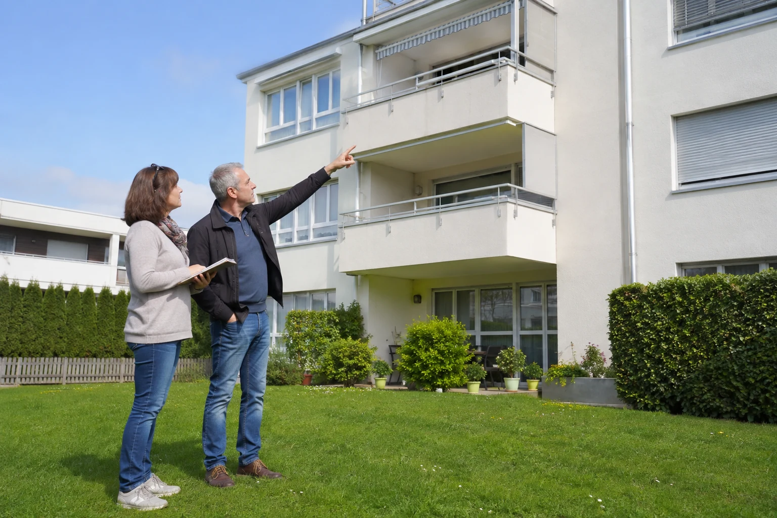 Frau und Mann betrachten Fassade und Balkon eines Mehrfamilienhauses